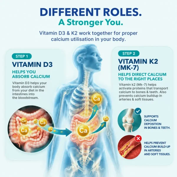 Illustration showing vitamin D3 and K2 roles in calcium absorption and normal bone metabolism