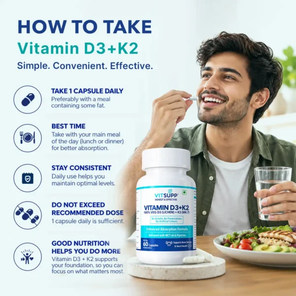 Instructions for taking VitSupp Vitamin D3 K2 capsules with a meal