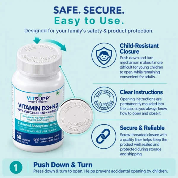 VitSupp Vitamin D3 K2 bottle showing the push-down-and-turn child-resistant cap