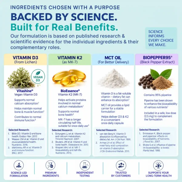 VitSupp Vitamin D3 K2 ingredient infographic explaining the roles of vegan D3, K2 MK-7, MCT oil and BioPepper95