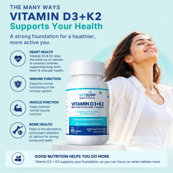 VitSupp Vitamin D3 K2 supplement highlighting support for normal bone, muscle and immune function