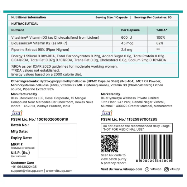 Vitamin D3 K2 Ingredients Label