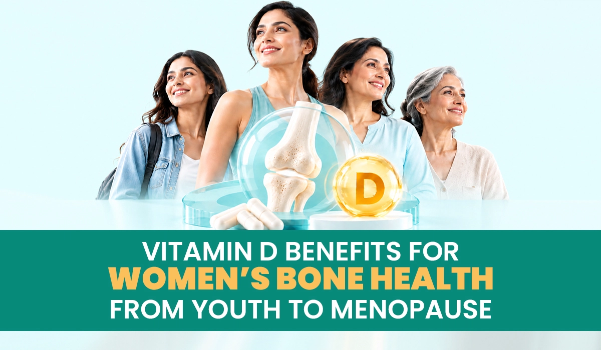 Indian women of different ages with a bone model and vitamin D capsule, VitSupp guide to women's bone health
