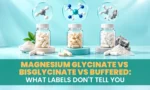 Magnesium capsule jars with molecule models, showing how glycinate, bisglycinate and buffered magnesium differ