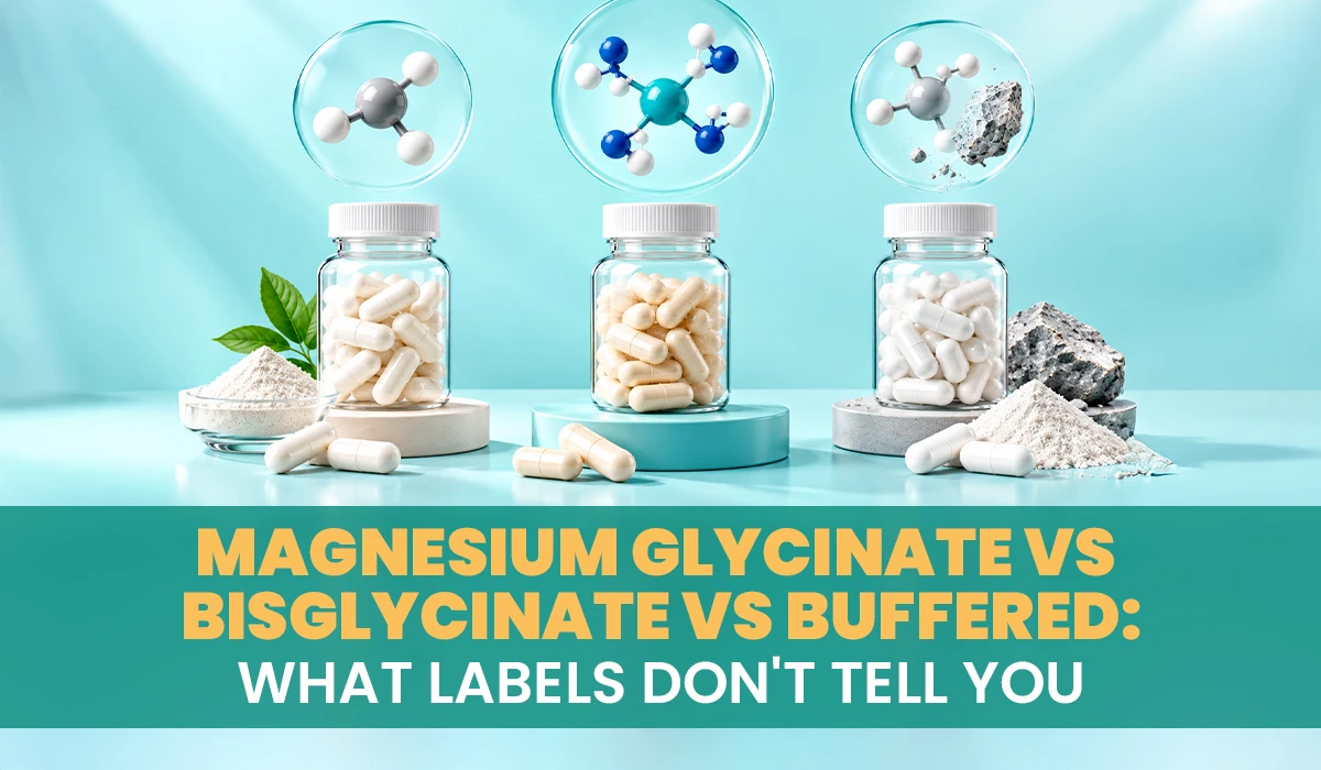 Magnesium capsule jars with molecule models, showing how glycinate, bisglycinate and buffered magnesium differ