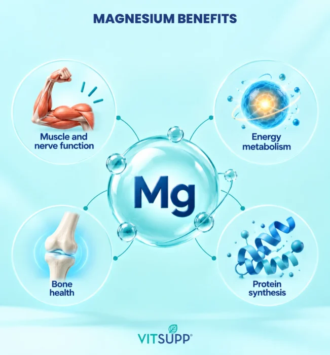 Magnesium powders and capsules, showing the different forms of magnesium used in supplements