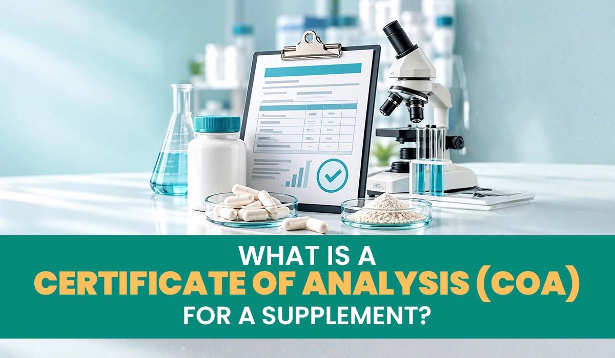 Supplement capsules and a lab test report beside a microscope, VitSupp guide to the certificate of analysis (COA)
