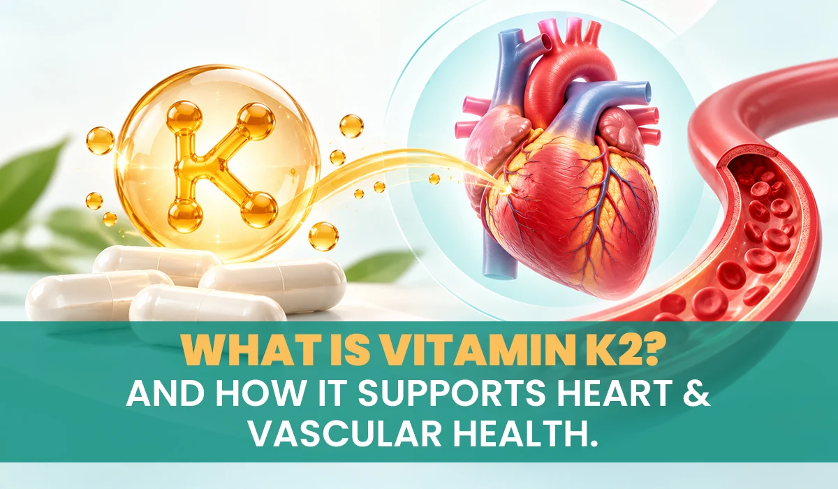 Vitamin K2 capsules with a heart and blood vessel, showing the role of vitamin K2 in heart and vascular health