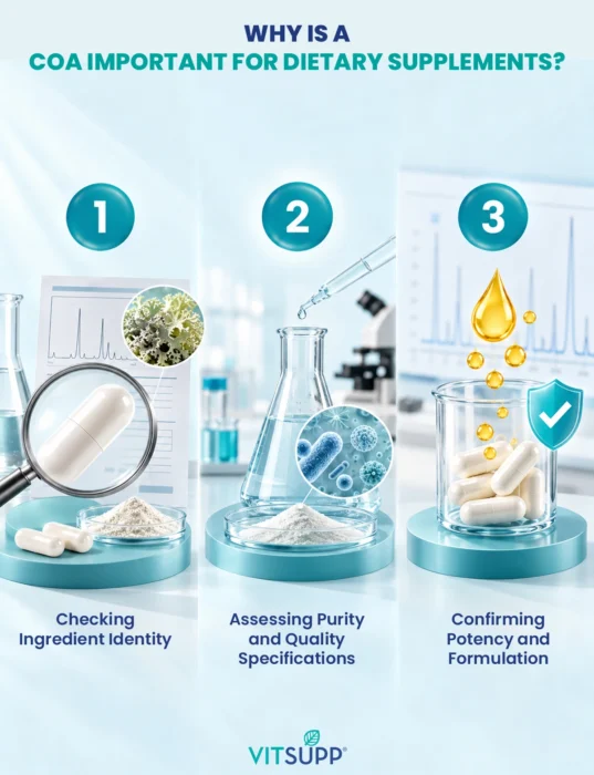 Why a COA matters for dietary supplements, VitSupp infographic on ingredient identity, purity and potency